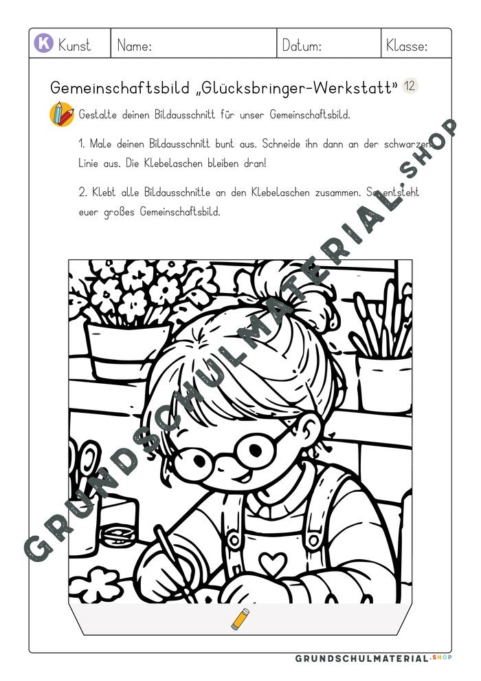 Gemeinschaftsbild Glücksbringer-Werkstatt: Arbeitsblatt Bildausschnitt 12 zum Ausmalen