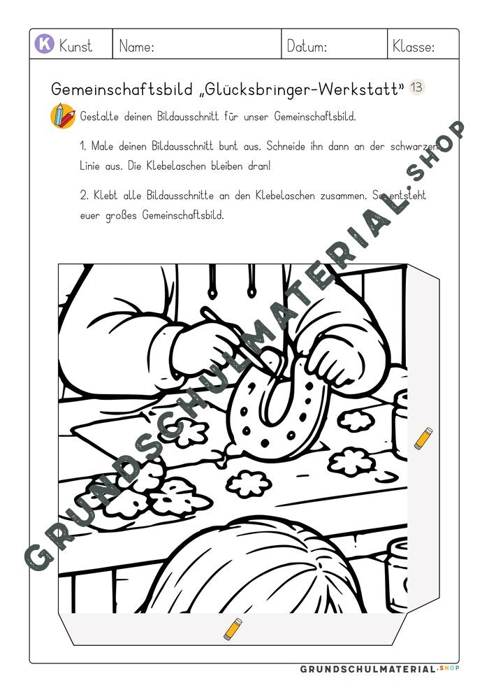 Gemeinschaftsbild Glücksbringer-Werkstatt: Arbeitsblatt Bildausschnitt 13 zum Ausmalen