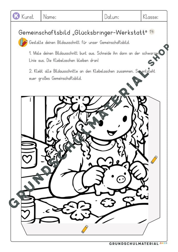 Gemeinschaftsbild Glücksbringer-Werkstatt: Arbeitsblatt Bildausschnitt 14 zum Ausmalen