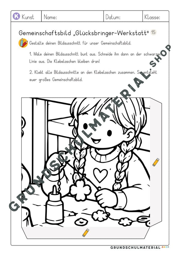 Gemeinschaftsbild Glücksbringer-Werkstatt: Arbeitsblatt Bildausschnitt 15 zum Ausmalen