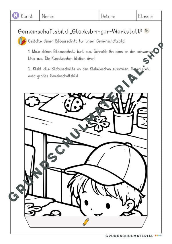 Gemeinschaftsbild Glücksbringer-Werkstatt: Arbeitsblatt Bildausschnitt 16 zum Ausmalen
