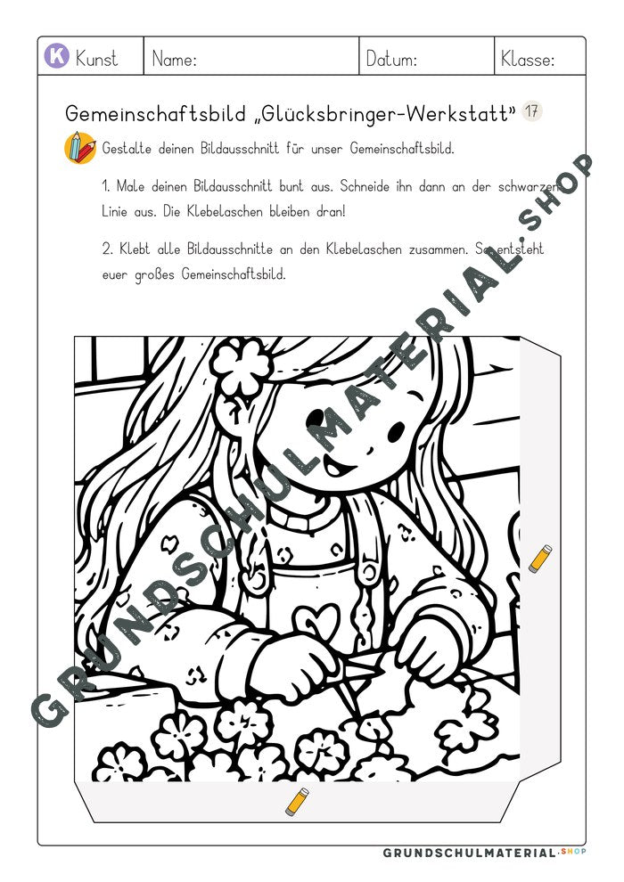 Gemeinschaftsbild Glücksbringer-Werkstatt: Arbeitsblatt Bildausschnitt 17 zum Ausmalen
