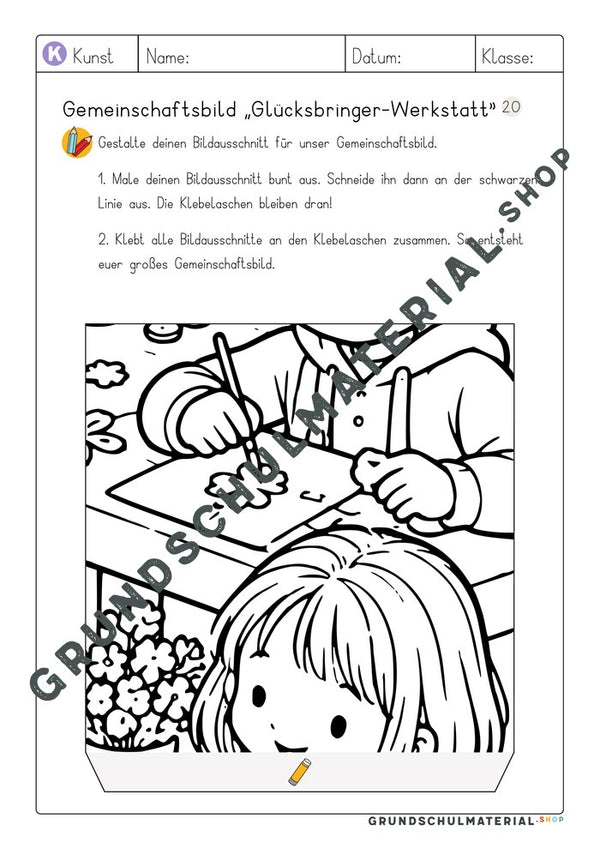 Gemeinschaftsbild Glücksbringer-Werkstatt: Arbeitsblatt Bildausschnitt 20 zum Ausmalen