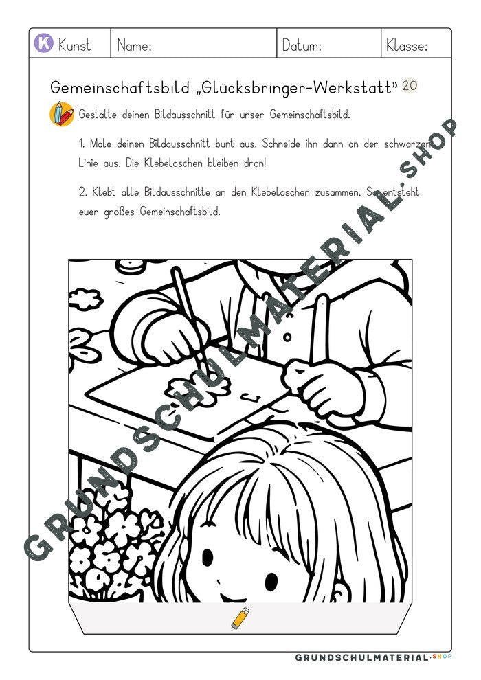 Gemeinschaftsbild Glücksbringer-Werkstatt: Arbeitsblatt Bildausschnitt 20 zum Ausmalen