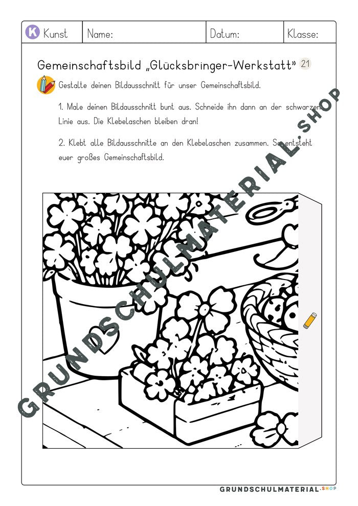 Gemeinschaftsbild Glücksbringer-Werkstatt: Arbeitsblatt Bildausschnitt 21 zum Ausmalen