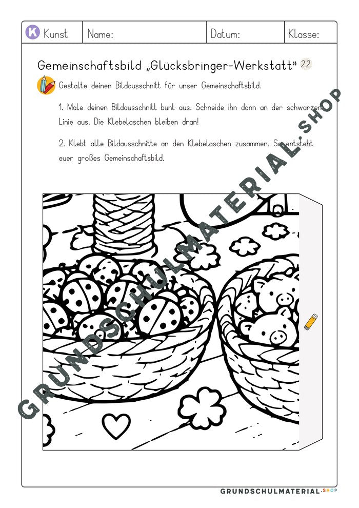 Gemeinschaftsbild Glücksbringer-Werkstatt: Arbeitsblatt Bildausschnitt 22 zum Ausmalen
