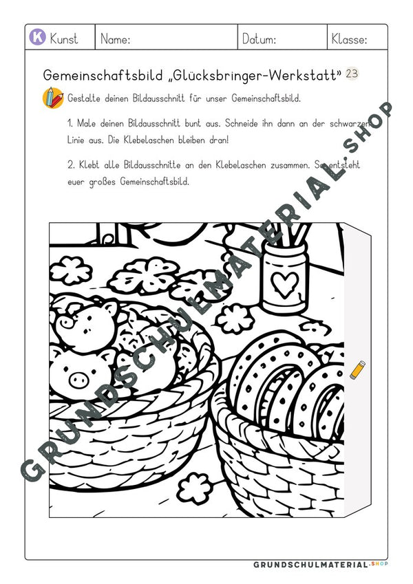Gemeinschaftsbild Glücksbringer-Werkstatt: Arbeitsblatt Bildausschnitt 23 zum Ausmalen