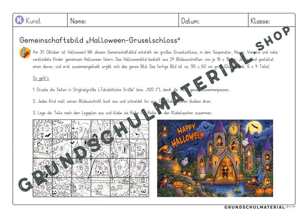 Lehrerhinweise mit Legeplan und bunter Vorschau zum Gemeinschaftsbild Halloween-Gruselschloss