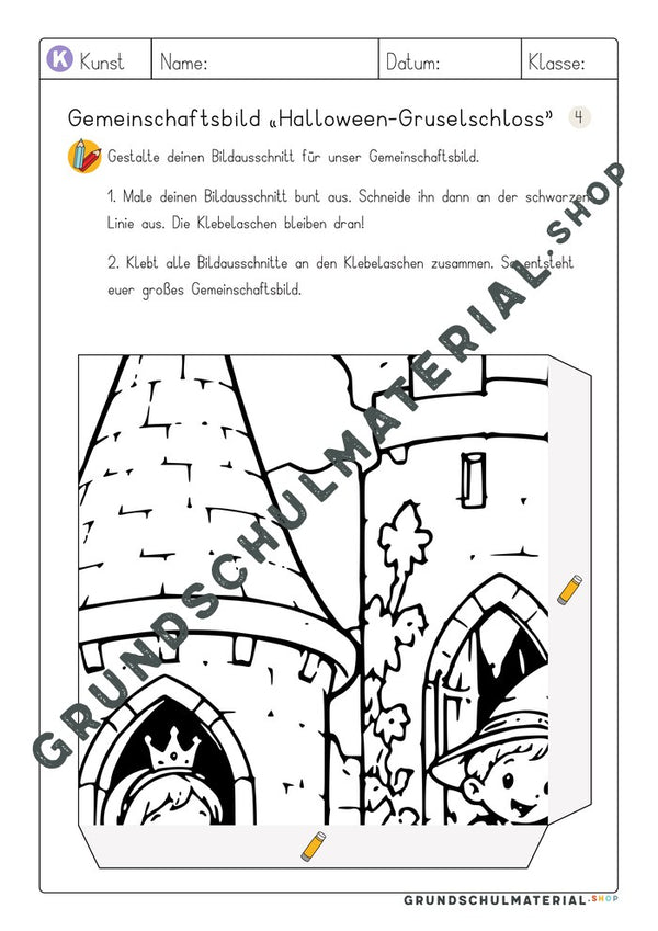 Gemeinschaftsbild Halloween-Gruselschloss – Arbeitsblatt Bildausschnitt 4 zum Ausmalen