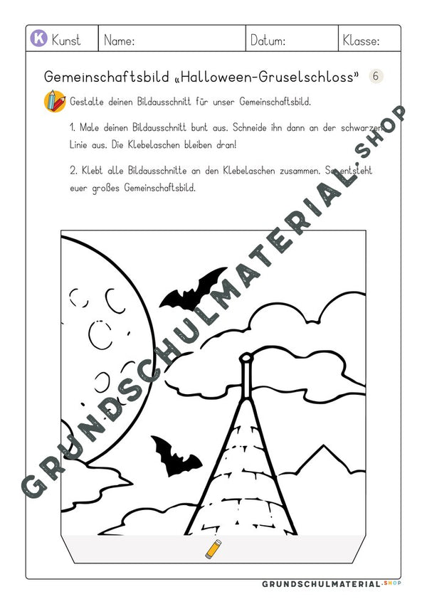 Gemeinschaftsbild Halloween-Gruselschloss – Arbeitsblatt Bildausschnitt 6 zum Ausmalen