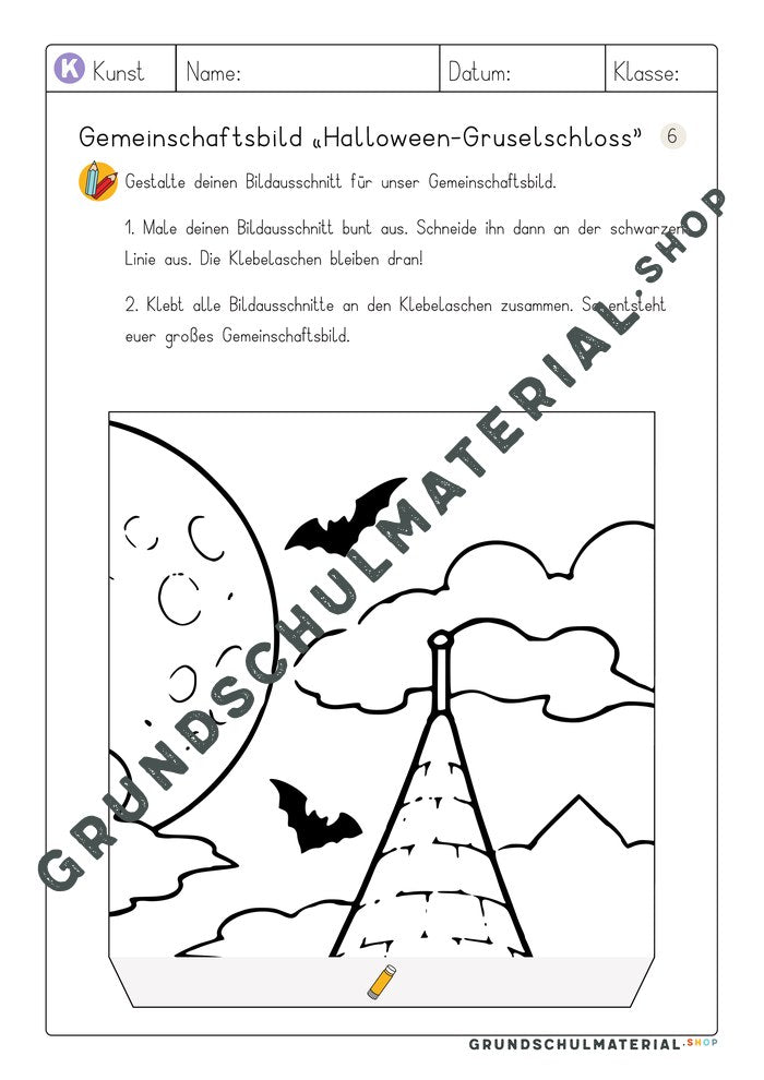 Gemeinschaftsbild Halloween-Gruselschloss – Arbeitsblatt Bildausschnitt 6 zum Ausmalen