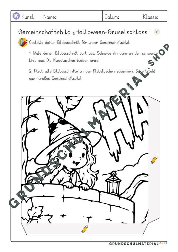 Gemeinschaftsbild Halloween-Gruselschloss – Arbeitsblatt Bildausschnitt 7 zum Ausmalen