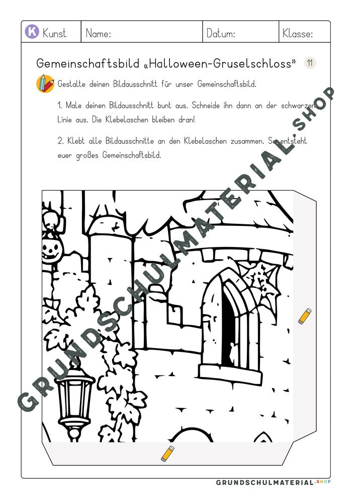 Gemeinschaftsbild Halloween-Gruselschloss – Arbeitsblatt Bildausschnitt 11 zum Ausmalen