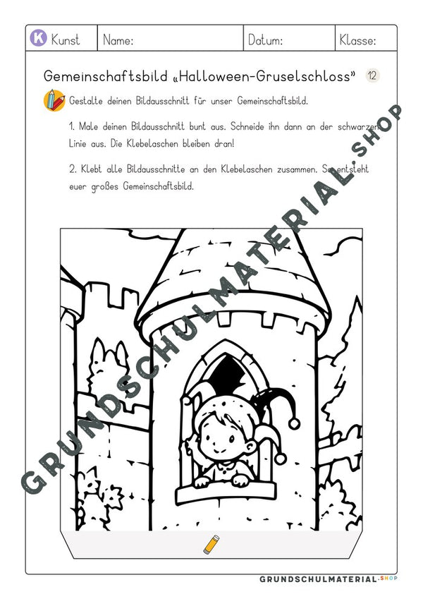 Gemeinschaftsbild Halloween-Gruselschloss – Arbeitsblatt Bildausschnitt 12 zum Ausmalen