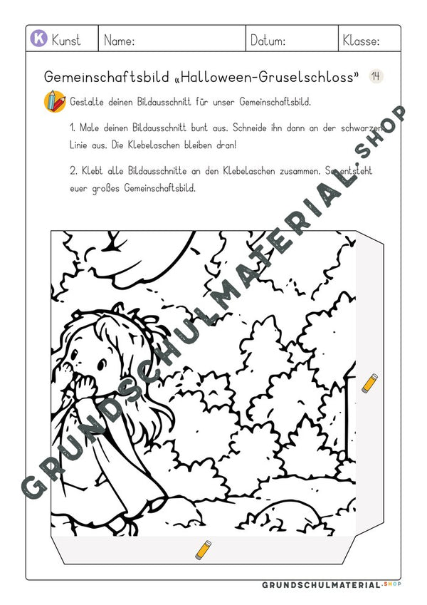 Gemeinschaftsbild Halloween-Gruselschloss – Arbeitsblatt Bildausschnitt 14 zum Ausmalen