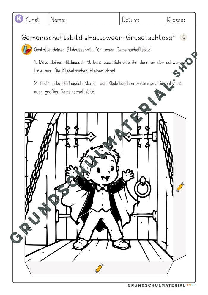 Gemeinschaftsbild Halloween-Gruselschloss – Arbeitsblatt Bildausschnitt 16 zum Ausmalen