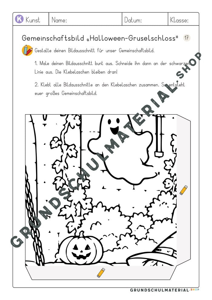 Gemeinschaftsbild Halloween-Gruselschloss – Arbeitsblatt Bildausschnitt 17 zum Ausmalen
