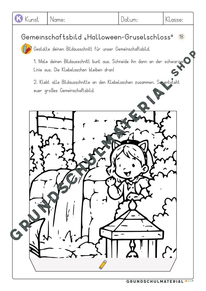 Gemeinschaftsbild Halloween-Gruselschloss – Arbeitsblatt Bildausschnitt 18 zum Ausmalen