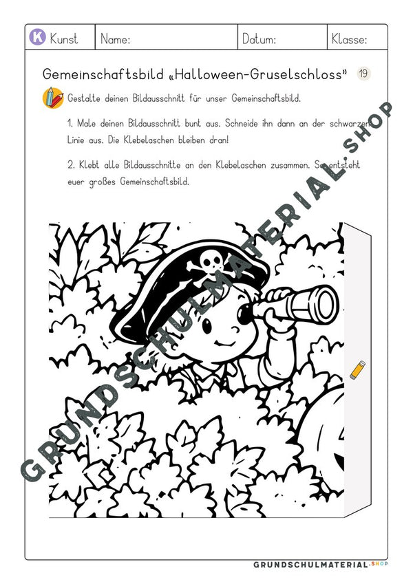 Gemeinschaftsbild Halloween-Gruselschloss – Arbeitsblatt Bildausschnitt 19 zum Ausmalen