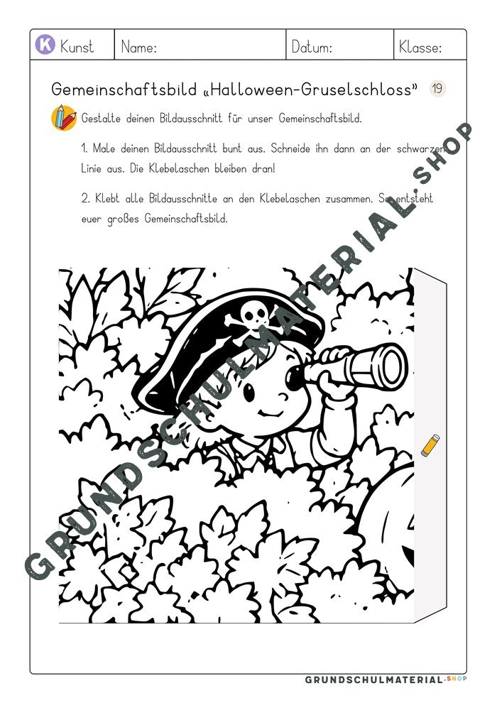 Gemeinschaftsbild Halloween-Gruselschloss – Arbeitsblatt Bildausschnitt 19 zum Ausmalen