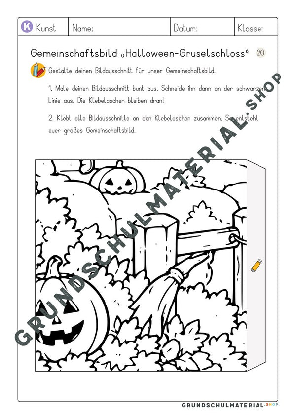 Gemeinschaftsbild Halloween-Gruselschloss – Arbeitsblatt Bildausschnitt 20 zum Ausmalen