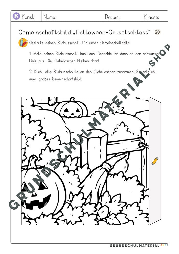 Gemeinschaftsbild Halloween-Gruselschloss – Arbeitsblatt Bildausschnitt 20 zum Ausmalen