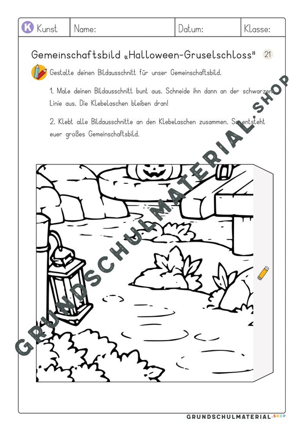 Gemeinschaftsbild Halloween-Gruselschloss – Arbeitsblatt Bildausschnitt 21 zum Ausmalen