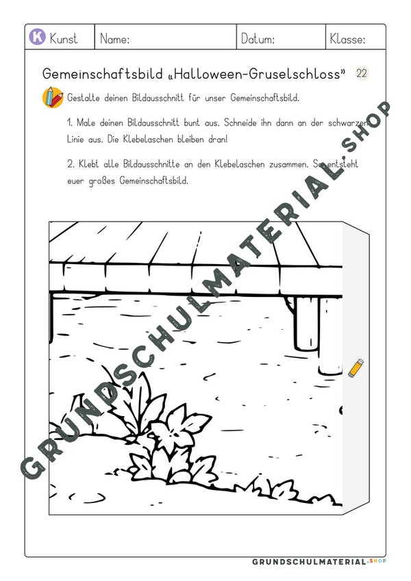Gemeinschaftsbild Halloween-Gruselschloss – Arbeitsblatt Bildausschnitt 22 zum Ausmalen