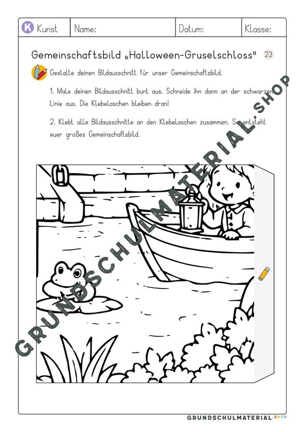 Gemeinschaftsbild Halloween-Gruselschloss – Arbeitsblatt Bildausschnitt 23 zum Ausmalen