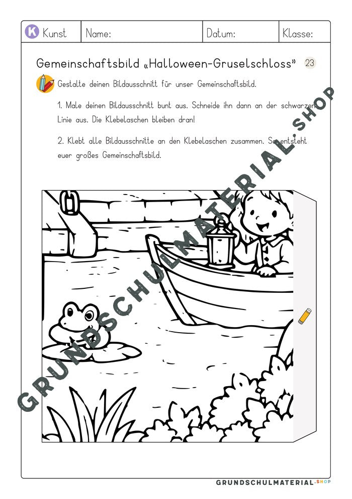 Gemeinschaftsbild Halloween-Gruselschloss – Arbeitsblatt Bildausschnitt 23 zum Ausmalen