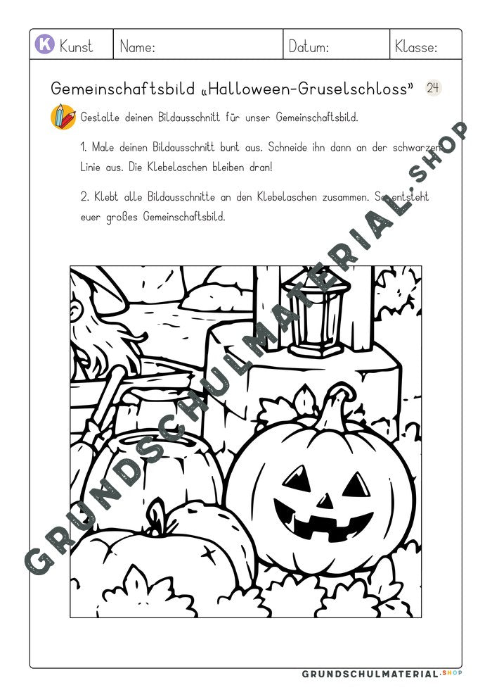 Gemeinschaftsbild Halloween-Gruselschloss – Arbeitsblatt Bildausschnitt 24 zum Ausmalen