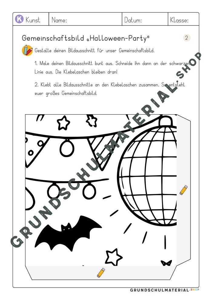 Arbeitsblatt Bildausschnitt 2 zum Ausmalen: Discokugel, Lichterkette und Fledermaus