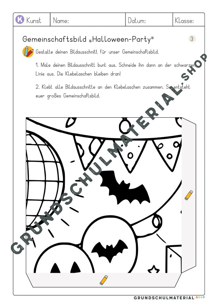 Arbeitsblatt Bildausschnitt 3 zum Ausmalen: Wimpelkette, Fledermaus und Luftballons