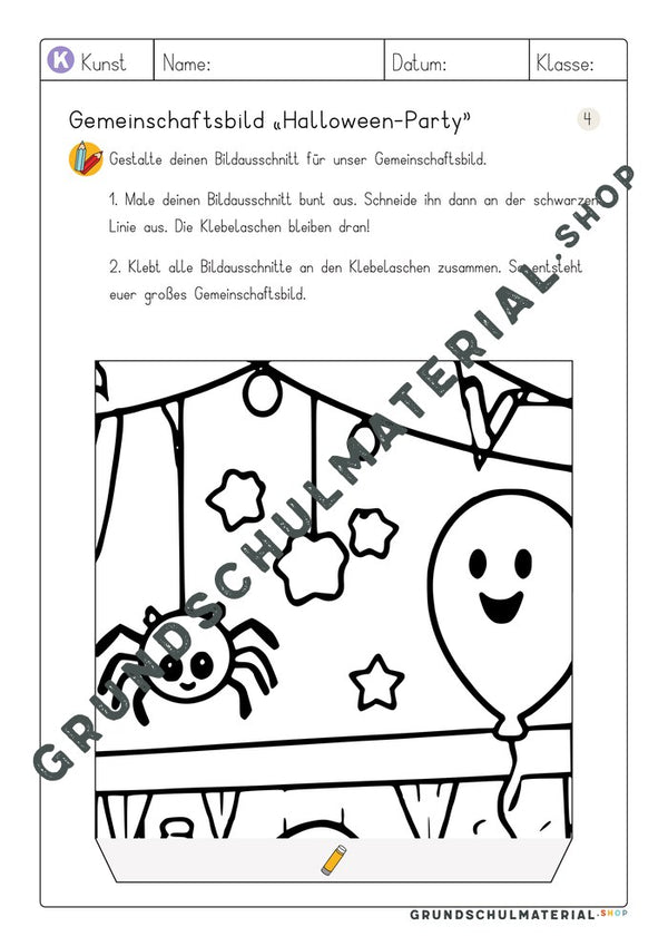 Arbeitsblatt Bildausschnitt 4 zum Ausmalen: Spinne und Gespenster-Luftballon