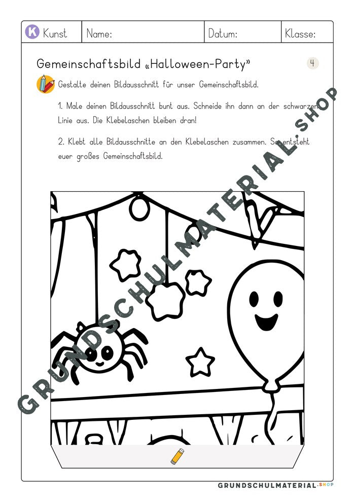 Arbeitsblatt Bildausschnitt 4 zum Ausmalen: Spinne und Gespenster-Luftballon
