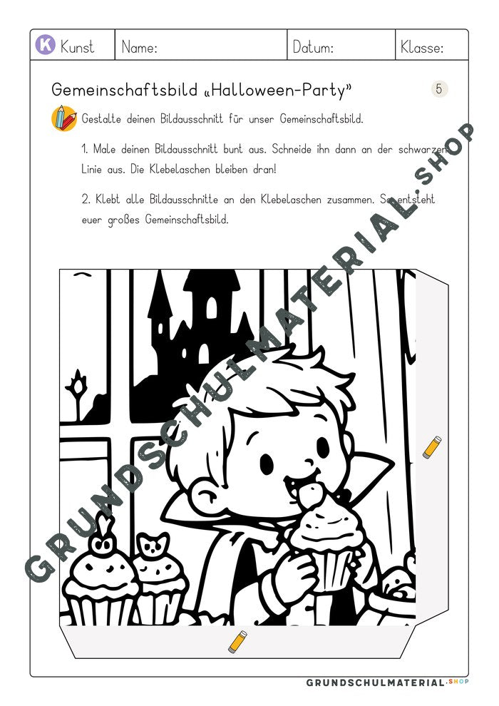 Arbeitsblatt Bildausschnitt 5 zum Ausmalen: Kind im Vampirkostüm mit Cupcake
