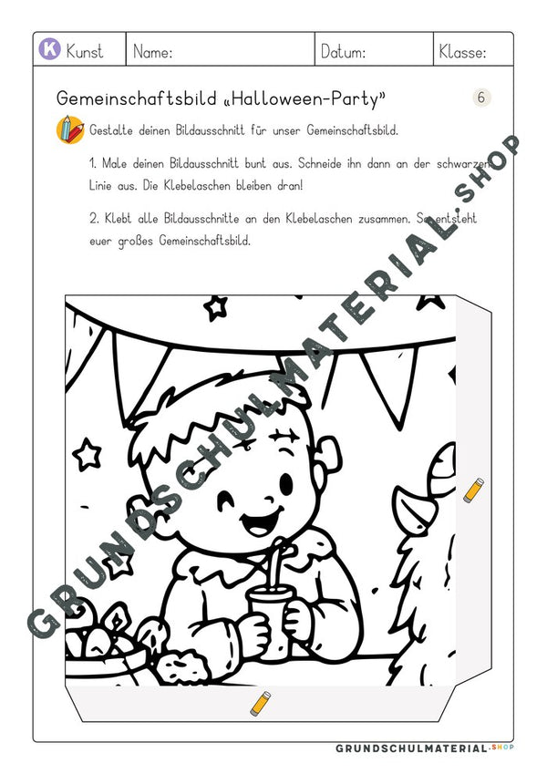 Arbeitsblatt Bildausschnitt 6 zum Ausmalen: Kind als Frankenstein mit Getränk