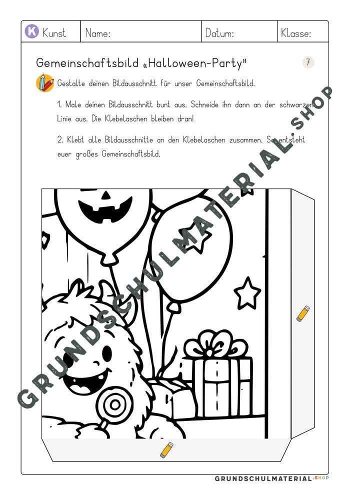 Arbeitsblatt Bildausschnitt 7 zum Ausmalen: kleines Monster mit Lolli und Luftballons