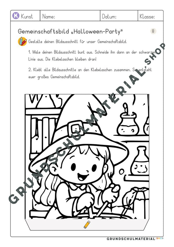 Arbeitsblatt Bildausschnitt 8 zum Ausmalen: Hexe am Regal