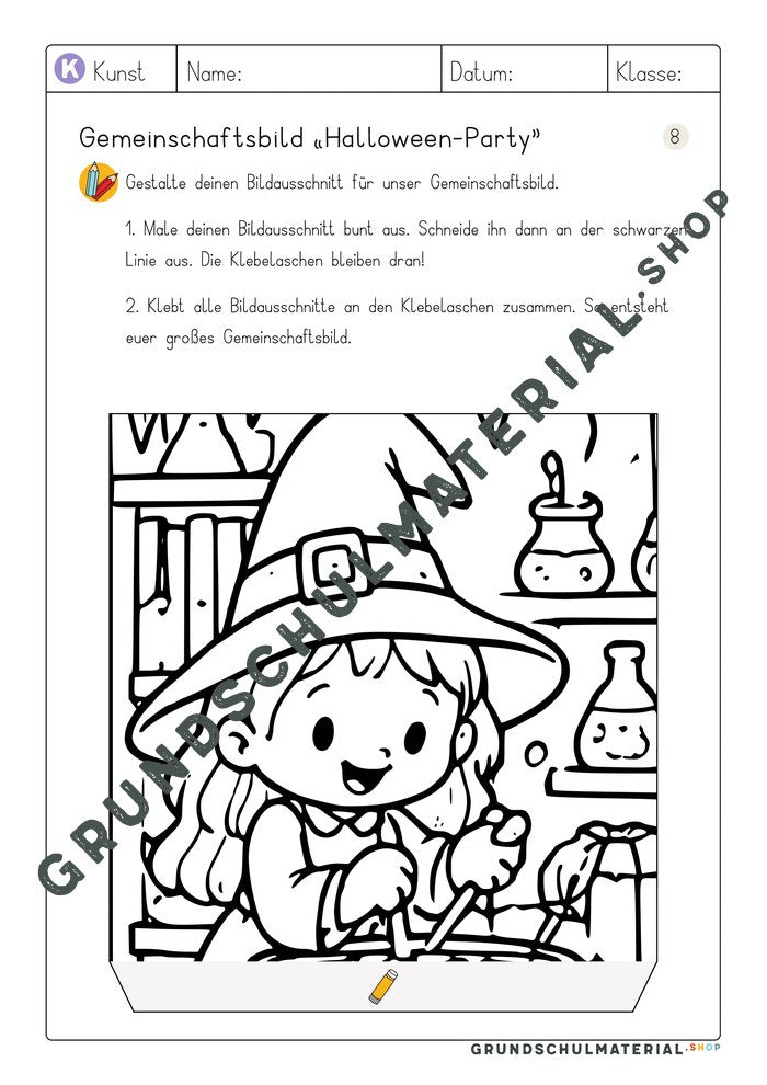 Arbeitsblatt Bildausschnitt 8 zum Ausmalen: Hexe am Regal