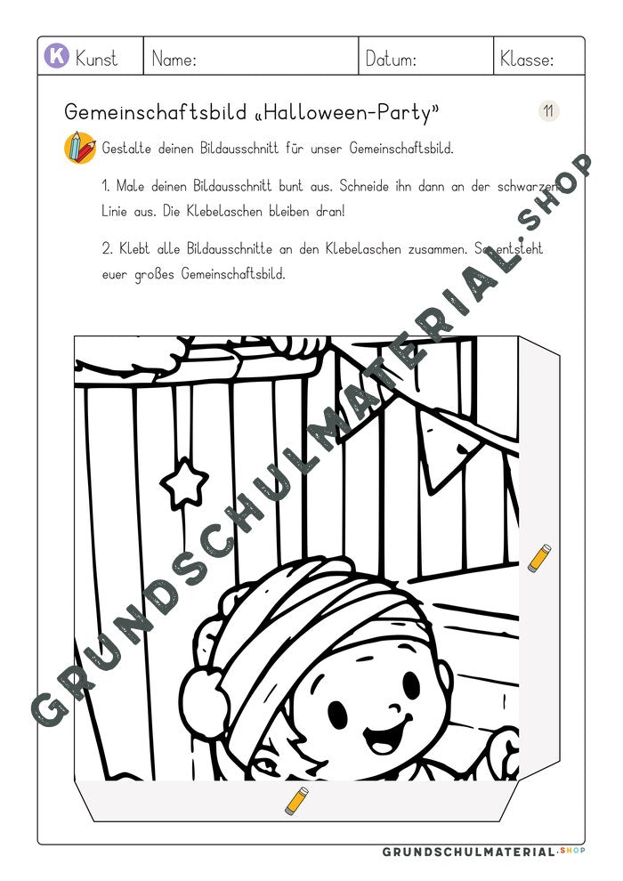 Arbeitsblatt Bildausschnitt 11 zum Ausmalen: Kind als Mumie