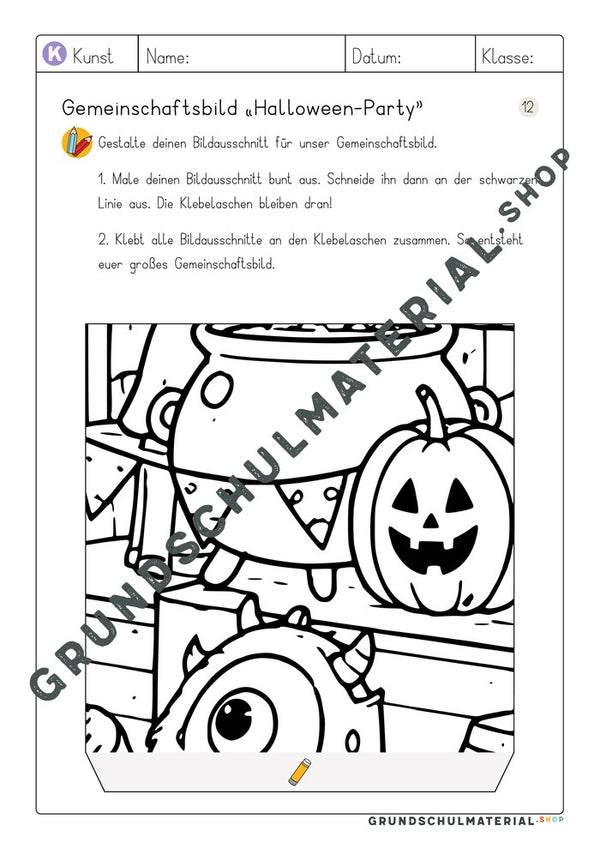Arbeitsblatt Bildausschnitt 12 zum Ausmalen: Hexenkessel und Kürbis
