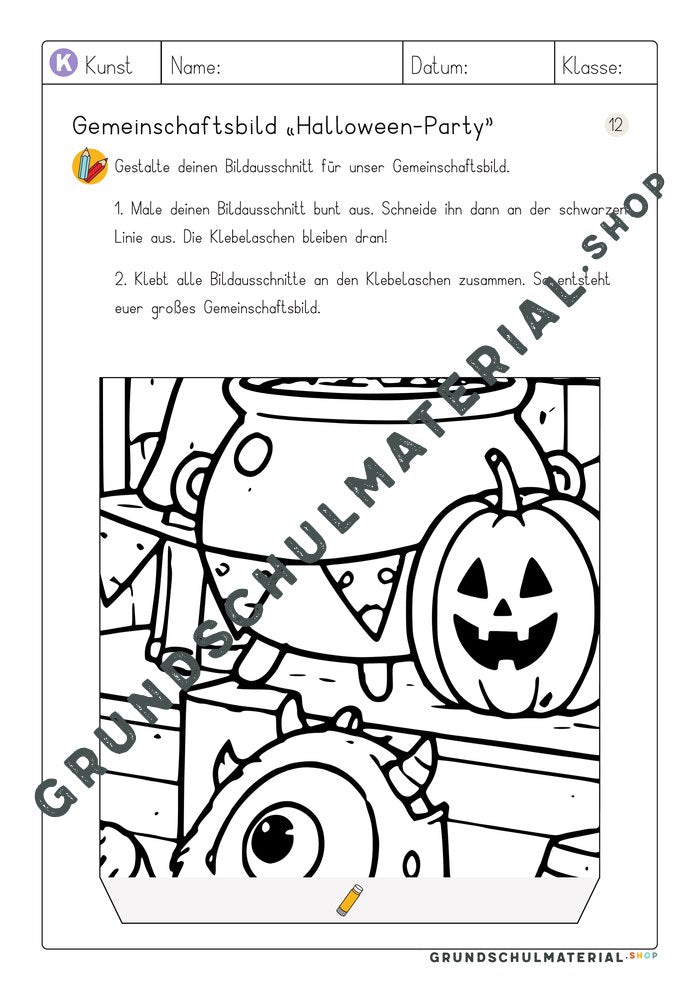 Arbeitsblatt Bildausschnitt 12 zum Ausmalen: Hexenkessel und Kürbis