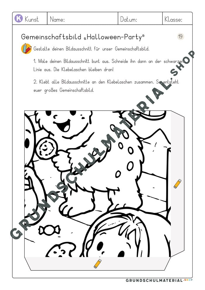 Arbeitsblatt Bildausschnitt 19 zum Ausmalen: zotteliges Monster mit Lolli