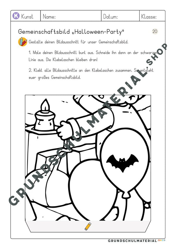 Arbeitsblatt Bildausschnitt 20 zum Ausmalen: Luftballons mit Fledermaus