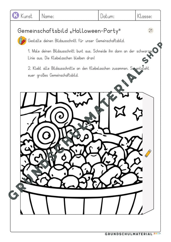 Arbeitsblatt Bildausschnitt 21 zum Ausmalen: Schüssel mit Süßigkeiten und Lollis