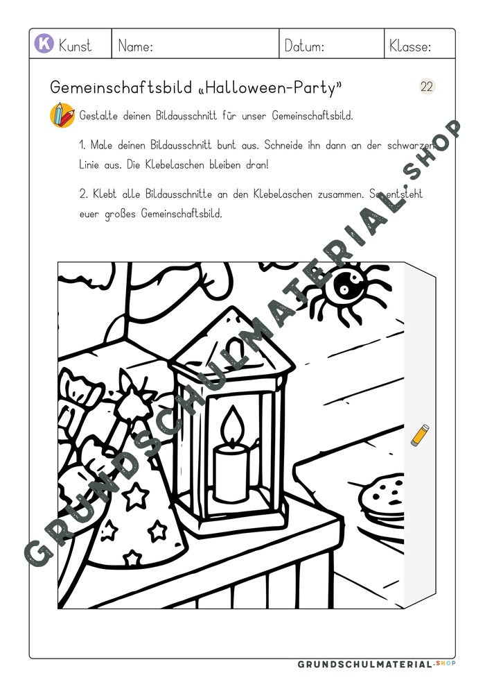 Arbeitsblatt Bildausschnitt 22 zum Ausmalen: Laterne, Spinne und Partyhut