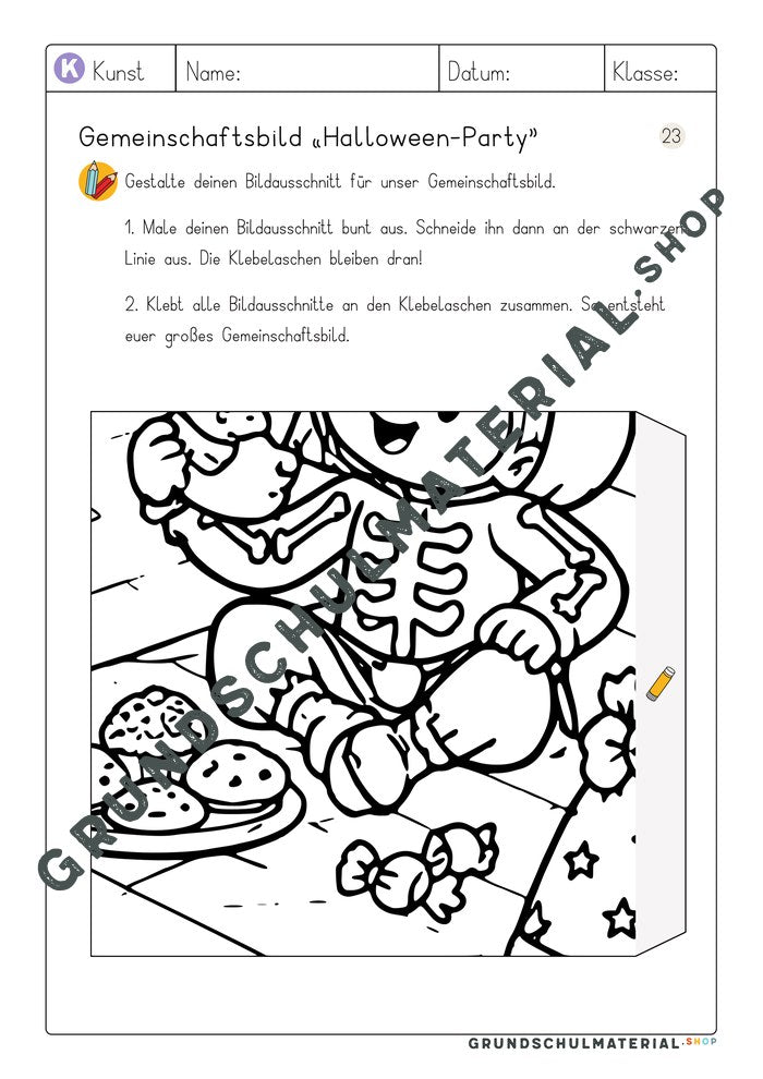 Arbeitsblatt Bildausschnitt 23 zum Ausmalen: Kind im Skelettkostüm mit Keksen