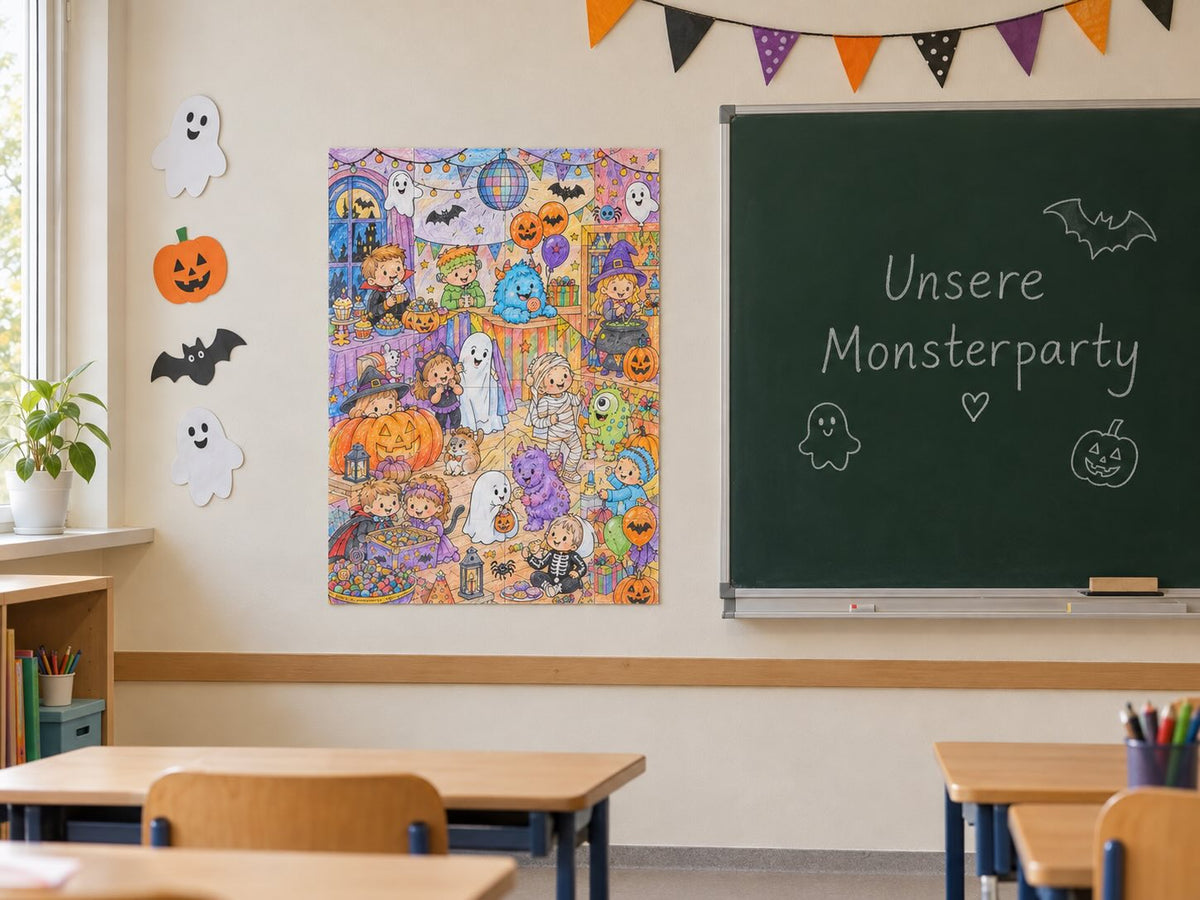 Fertiges Halloween-Gemeinschaftsbild als Poster an der Wand im Klassenzimmer