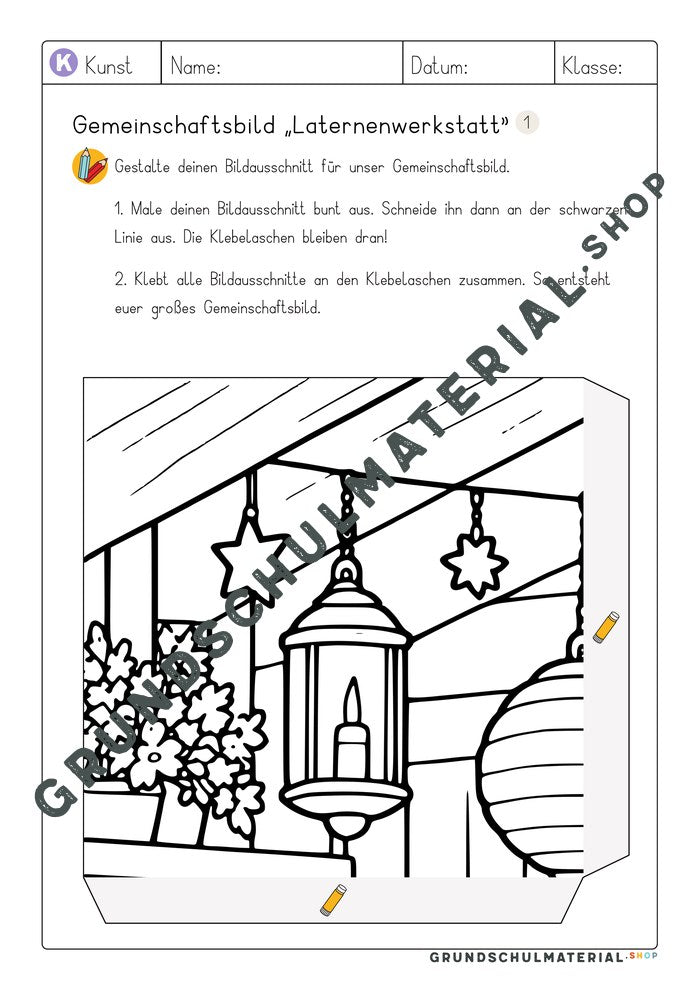 Gemeinschaftsbild Laternenwerkstatt: Arbeitsblatt Bildausschnitt 1 zum Ausmalen